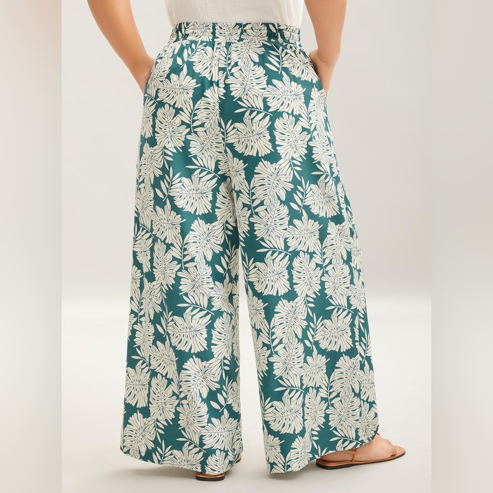 Bloomchic Tropical Leaf Pattern Shirred Wide-Leg … - image 3